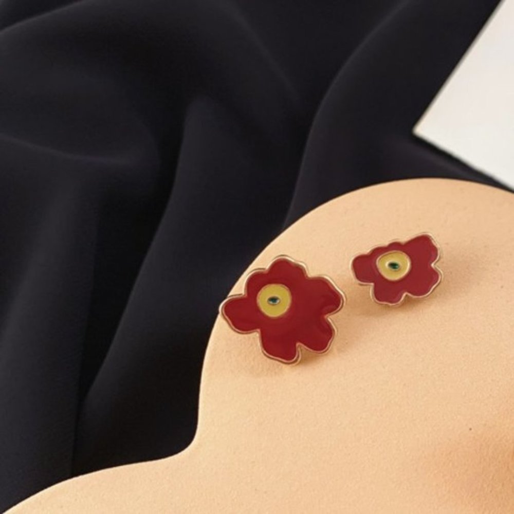 Enamel Red Flower Stud Earrings